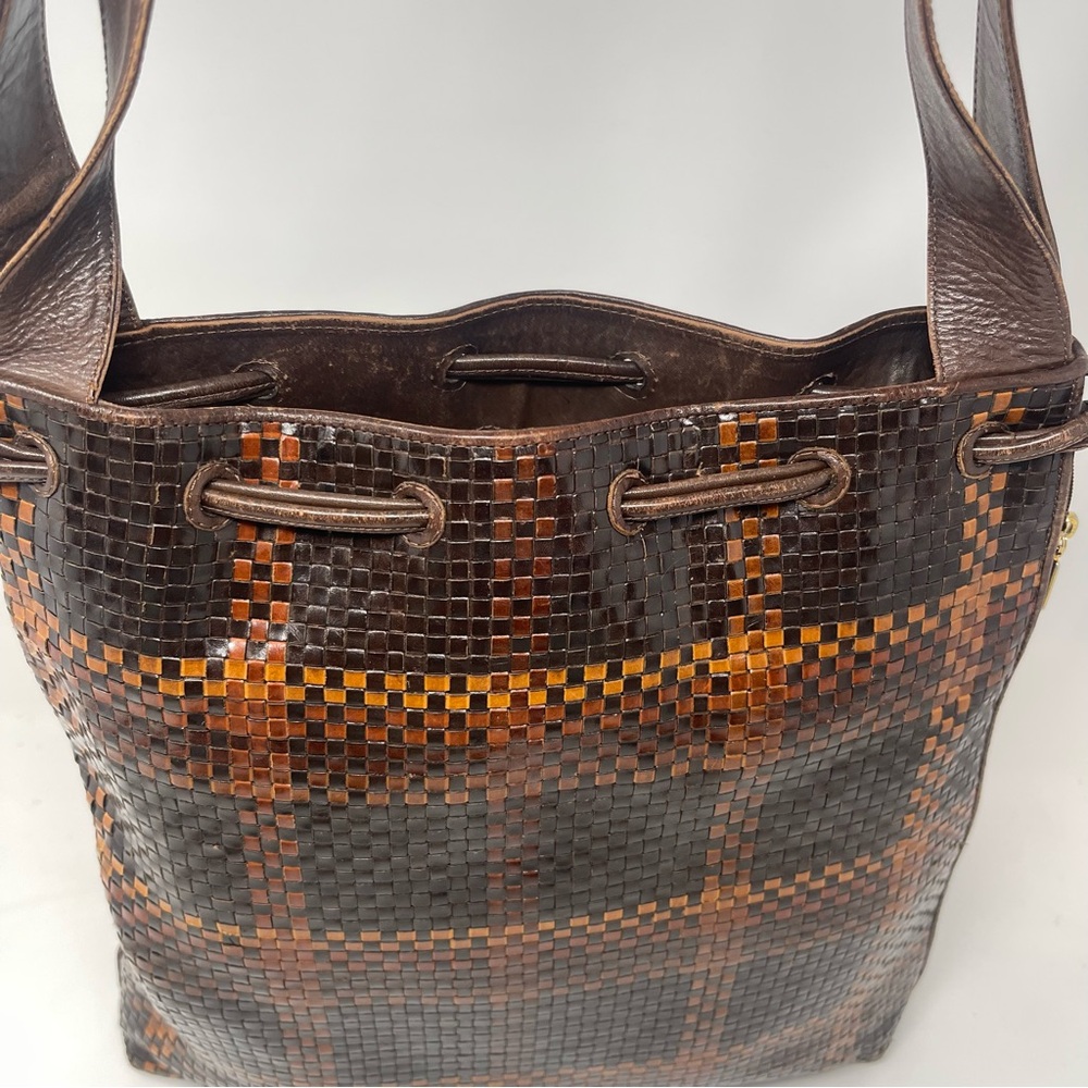 Vintage CEM Woven Leather Shoulder Bag | Brown Check | Boho Artisan Tote - Picture 7 of 13